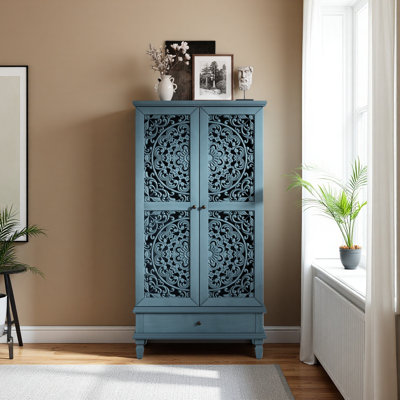 Armoire d'appoint en bois sculpté à 2 portes avec tiroir Anadia