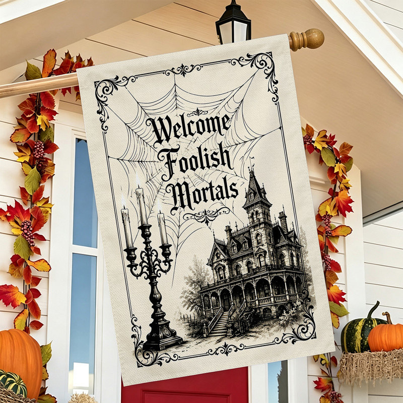 Drapeau de jardin de bienvenue pour l'Halloween, double face, 30 x 45 cm, noir et beige, motif maison hantée