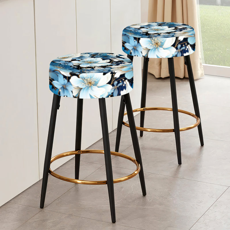 Ensemble de 2 tabourets de bar à motif floral bleu et blanc