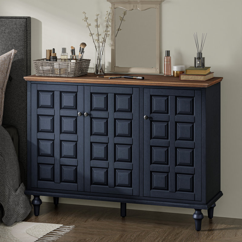 Melesio Retro 3 Door Storage Cabinet  Sideboard Buffet With Plaid Pattern Front