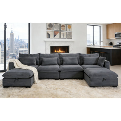 Oversized Corduroy Modular Sectional Sofa With Storage Ottomans