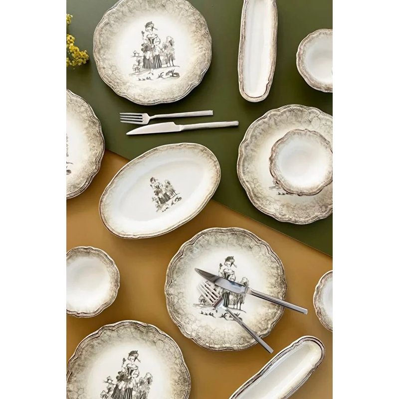 Ensemble de petit-déjeuner élégant 14 pièces, 100% porcelaine | Comprend 6 assiettes de service (7,9 pouces), 4 bols Joker (3,9 pouces), 2 plaques d'huile (7,5 x 4,7 pouces), 2 plateaux (7,9 x 2,8 pouces) | Va au lave-vaisselle et au micro-ondes, parfait pour un repas élégant