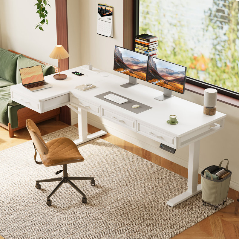 L-Shaped Standing Desk With Integrated Charging Station, Height Adjustable Desk With Four Wooden Drawers, Standing Desk With Memory Controller