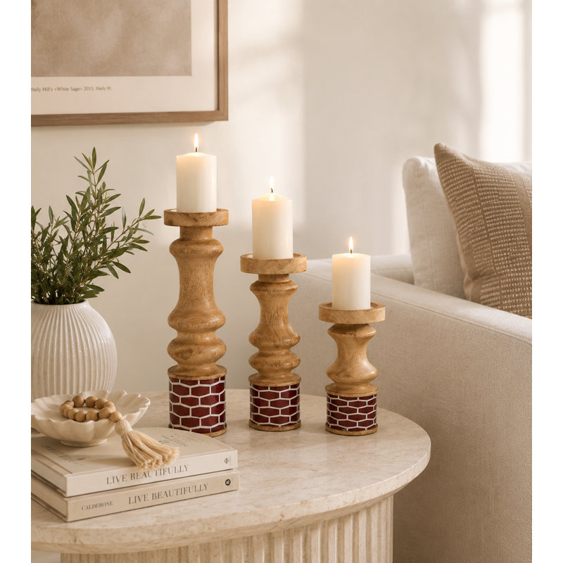Gramercy Mango Wood Red Candle holders (Set of 3)
