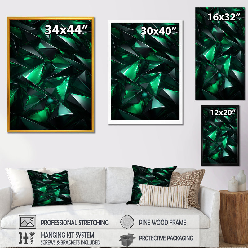 Fractale verte géométrique I - art mural géométrique, Cadre doré simple, H 32 po x l 24 po x P 1 po