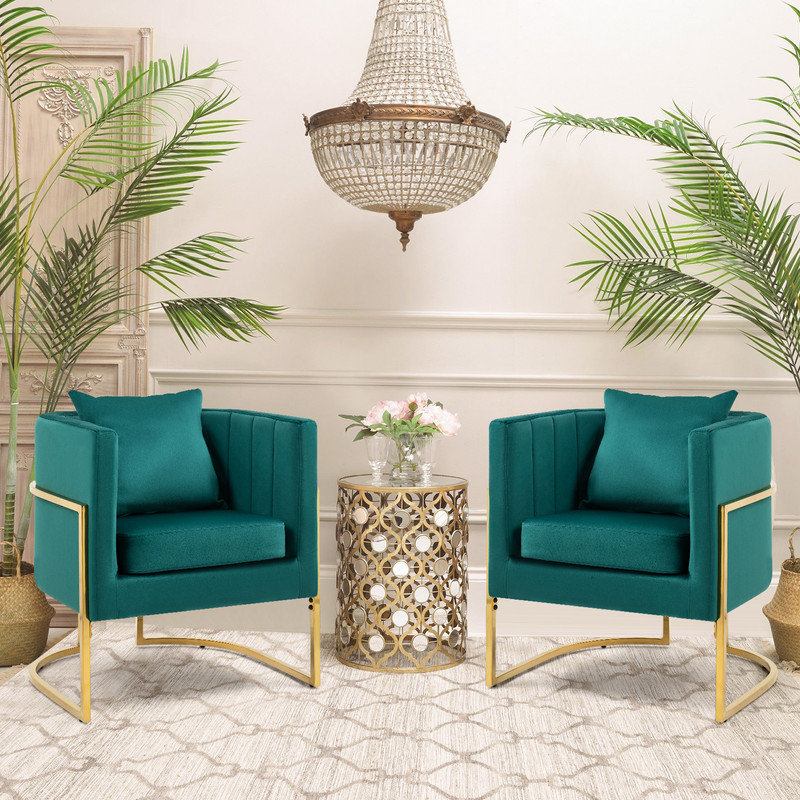 Fauteuil d'appoint demi-tonneau en velours avec coussin, Vert
