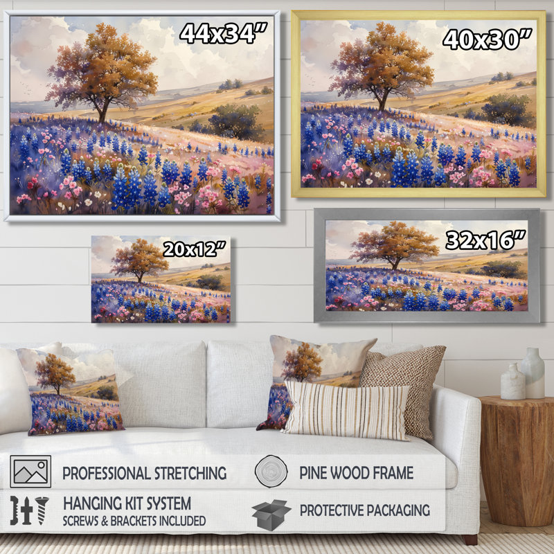 Bleu, bleu, fleurs sauvages, bleu, Bonnets, rêves I - Blue Bonnets, art mural, salon, Toile tendue, H 34 po x l 44 po