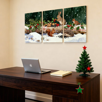 Winter Forest Animals With Squirrel Rabbit And Hedgehog Canvas Wrapped Wall Art Oil Painting Print Set Of 3