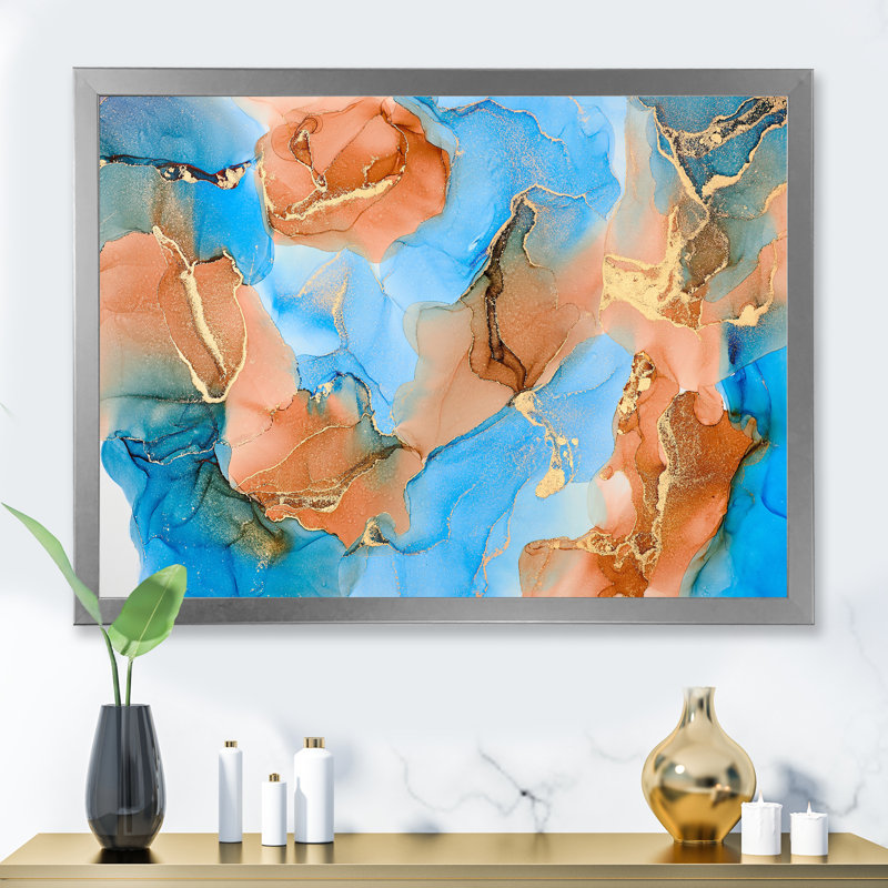 Turquoise et brun, luxe abstrait, fluide VI - peinture sur toile, H 16 po x l 32 po x P 1 po, Cadre photo argenté