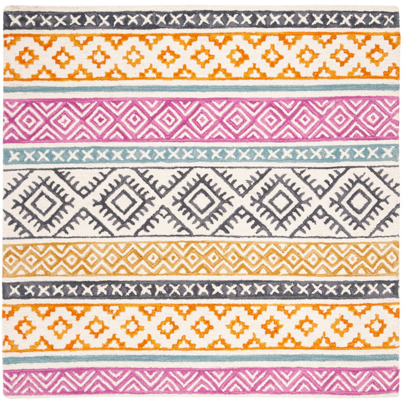 Lobdell Hand Tufted Wool/Cotton Geometric Rug in Ivory/Rust, Square 5'