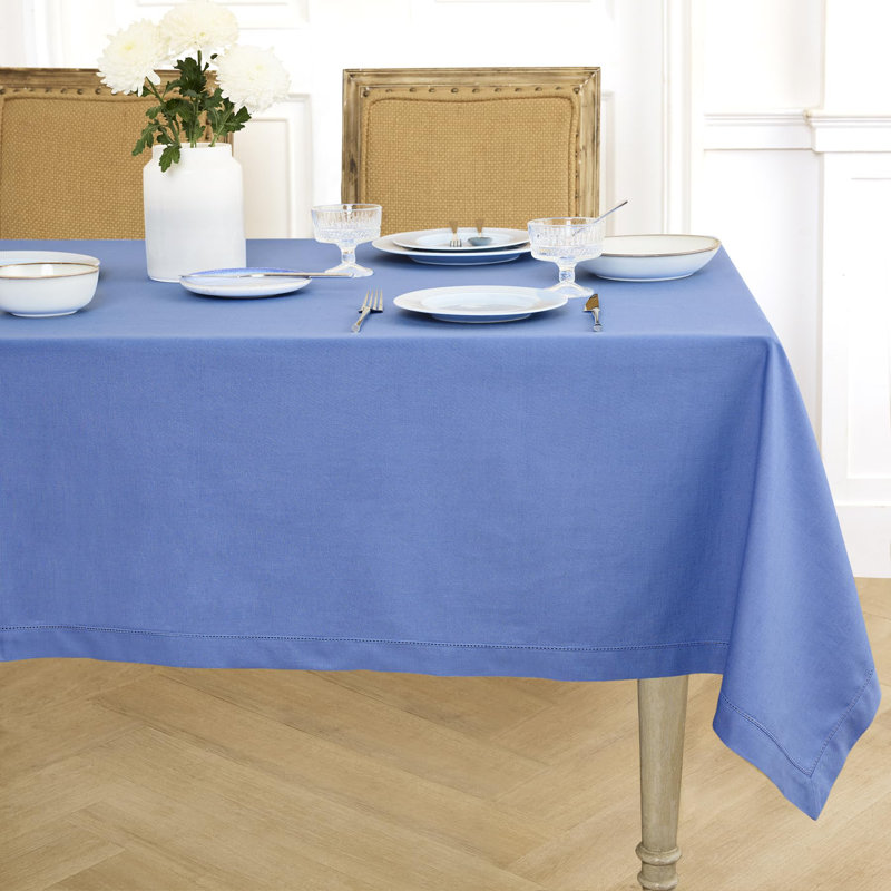 Cotton Linen Hemstitch Tablecloth, 84" x 60", Dusty Blue