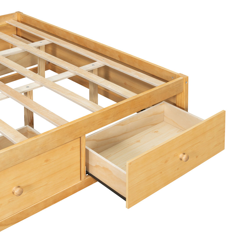 Modern Platform Bed Frame with 4 Drawers & Footboard Storage Cubby, Natural