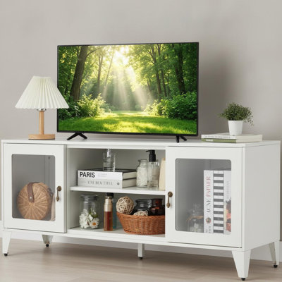47.3" W White Metal TV Stand with Glass Doors & Adjustable Shelves Height Adjustable Inner Shelves Clear Glass Display Doors Rust-Proof Waterproof Coating