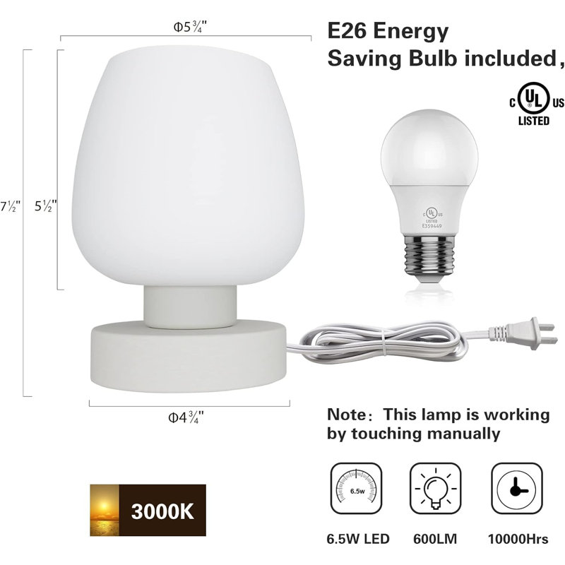 Small Modern White Opal Glass Touch Bedside Lamps with USB Ports