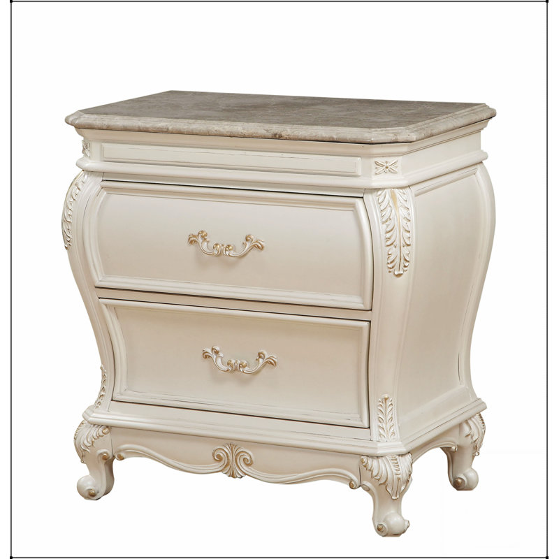 Table de chevet Chantelle à finition perle avec plateau en granite, parfaite pour les chambres élégantes et les solutions de rangement améliorées.