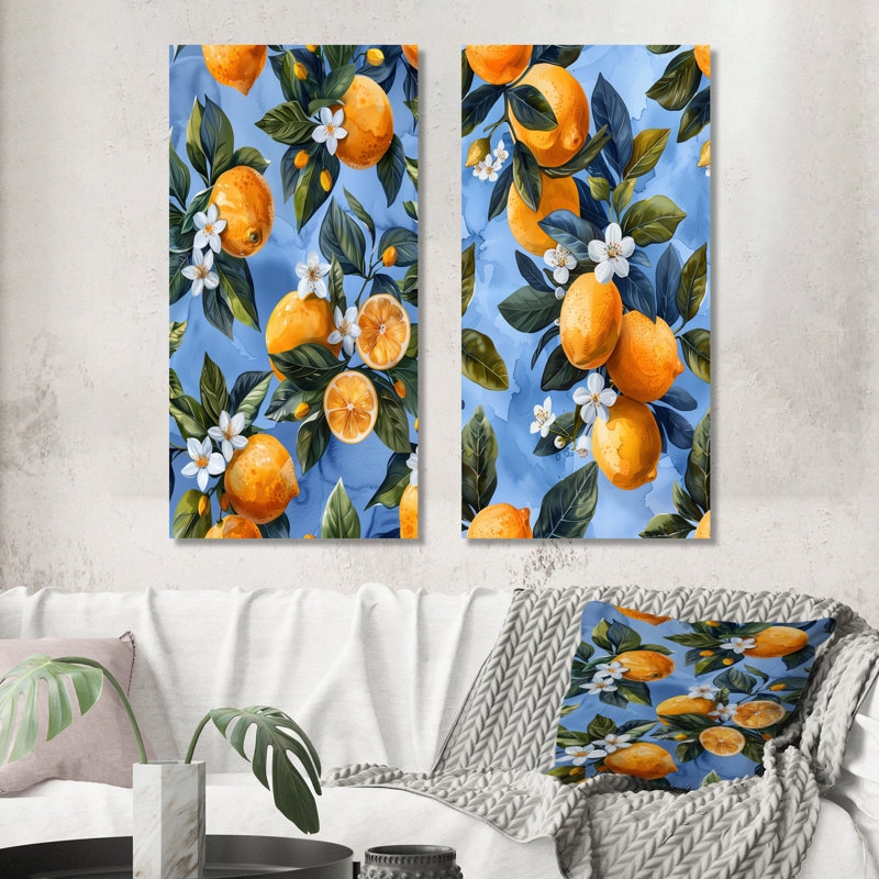 Ensemble de 2 pièces d'art jaune jaune et bleu avec motif de citronniers, Ne s’applique pas, Toile tendue sur cadre
