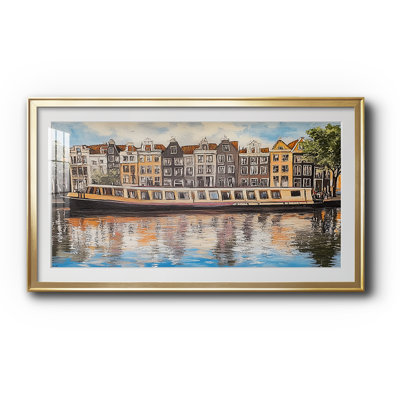 Estampe encadrée avec passe-partout et verre représentant des maisons colorées des canaux d'Amsterdam - Paysage urbain - Série Paysages CXI, ouverture 16 x 32 cm, cadre doré, dimensions extérieures 19 x 35 cm