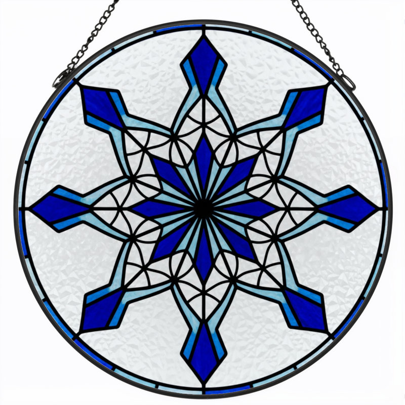 7.8"H Snowflake Pattern Stained Glass Window Panel, 7.8" H x 7.8" W