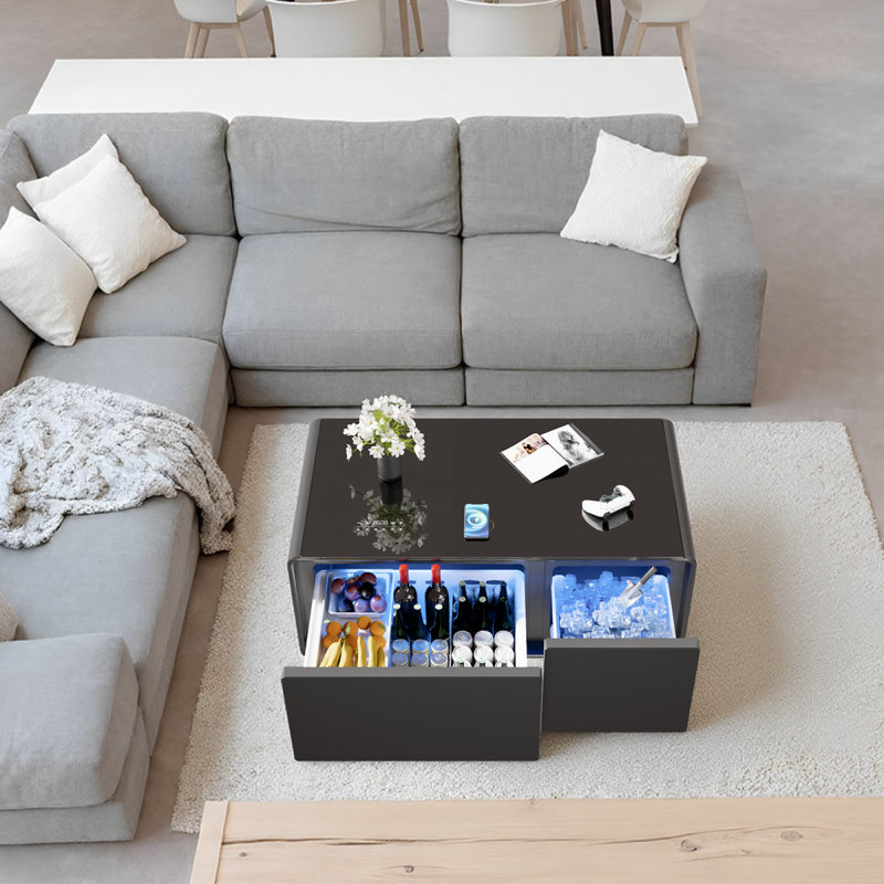 Table basse moderne et intelligente avec tiroirs intégrés pour réfrigérateur et congélateur, haut-parleur Bluetooth, chargement sans fil, panneau de commande tactile, USB, protection pour prise de courant, lumière d'ambiance, noir