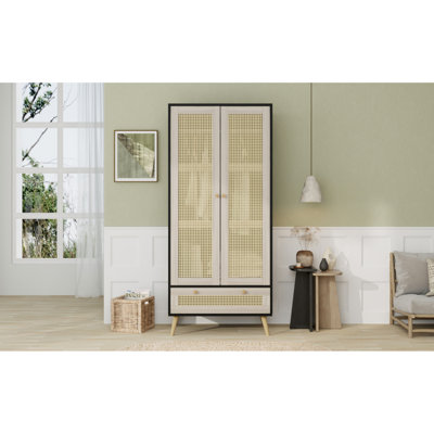 70.8"" Tall Armoire Wardrobe Closet with 2 Rattan Doors & 1 Drawer, Boho Wooden Clothes Storage Cabinet with Hanging Rod for Bedroom -  Latitude Run®, AC638469DD07461594685C7D9430A65C