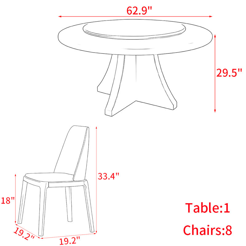 Modern simple solid wood round dining table set, 29.5"H x 62.9"L x 62.9"W