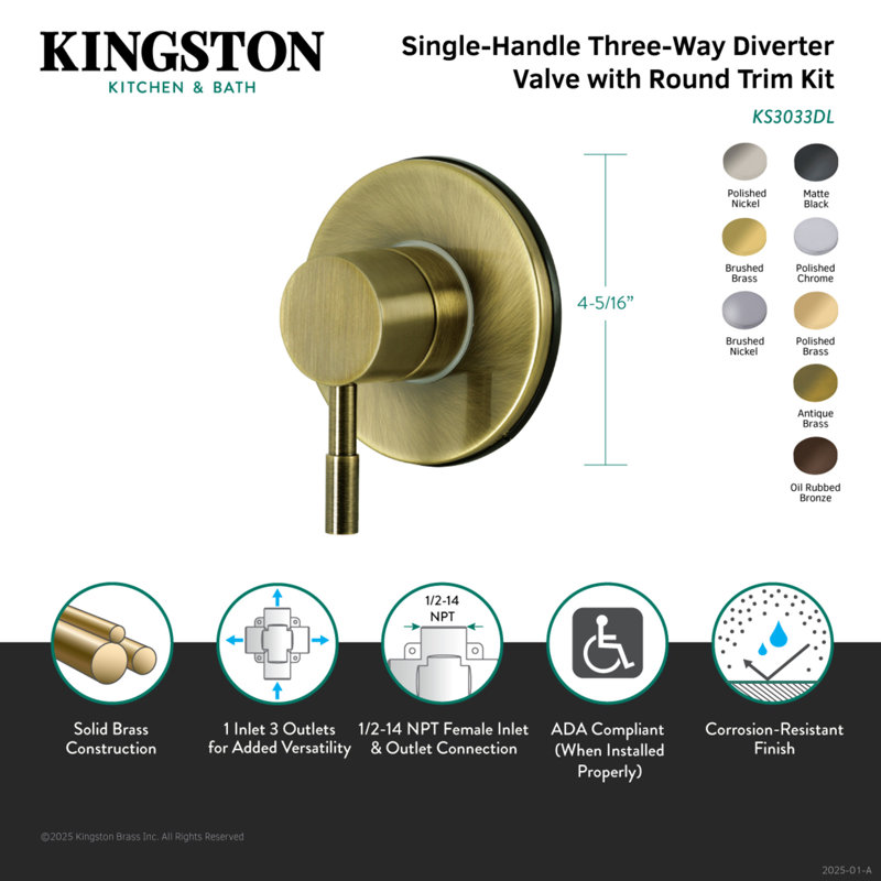 Kingston Brass Concord Single-Handle Wall Mount Three-Way Diverter Valve with Trim Kit, Polished Chrome