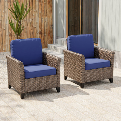 Mix Brown Rattan Wicker Patio Outdoor Spacious Lounge Chairs with Curved Armrest Set of 2