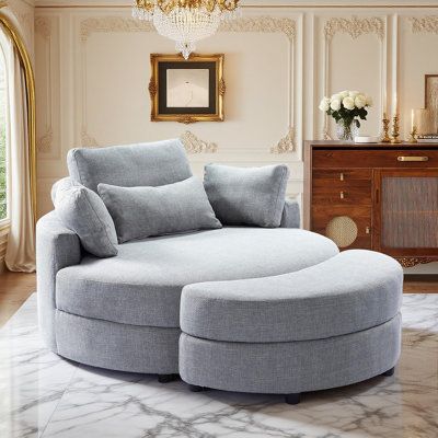 51.2-inch Round Sofa Made Of Linen Fabric, Paired With A Half-moon-shaped Storage Footrest - A Modern And Stylish Seating Design Suitable For Both Living Room And Bedroom, Featuring Both Practicality And Space-saving Features.