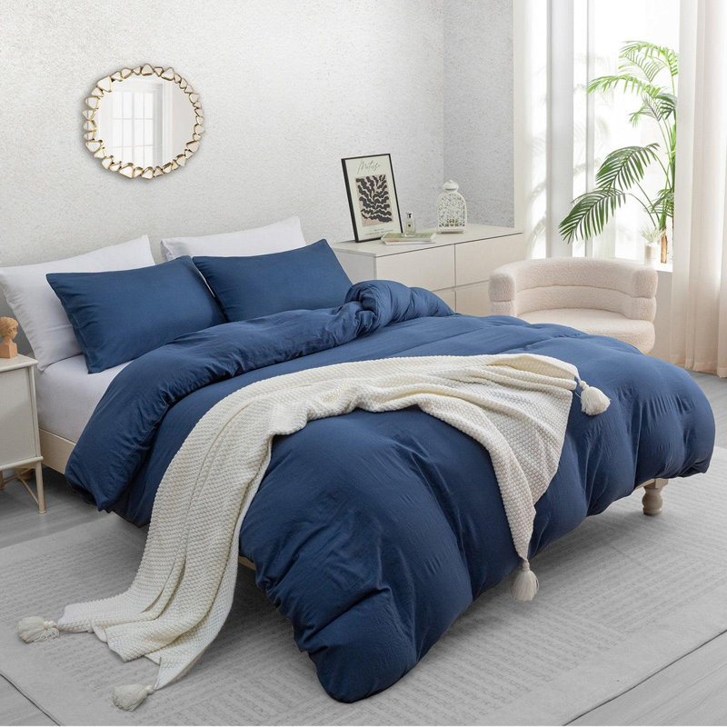 Premium Prewashed Duvet Cover Set Double Brushed Microfiber Reversible With Zipper Closure & Corner Ties, Navy