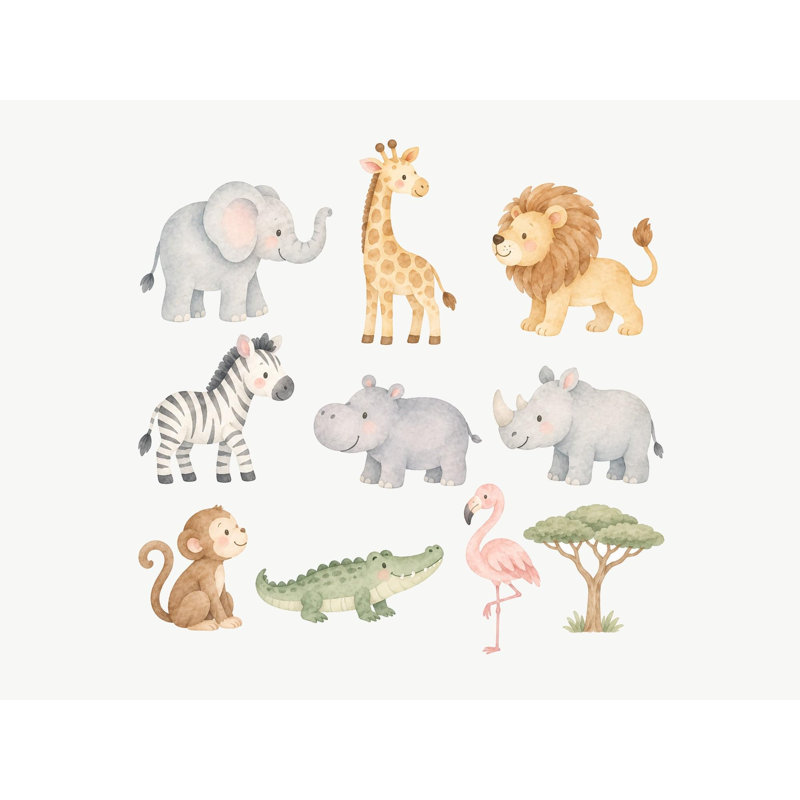Safari Animal Wall Decals, Set of 10 Peel and Stick Nursery Wall Stickers, Satin Finish Removable Kids Room Wall Art, 20"W x 20"H (50 x 50 cm)