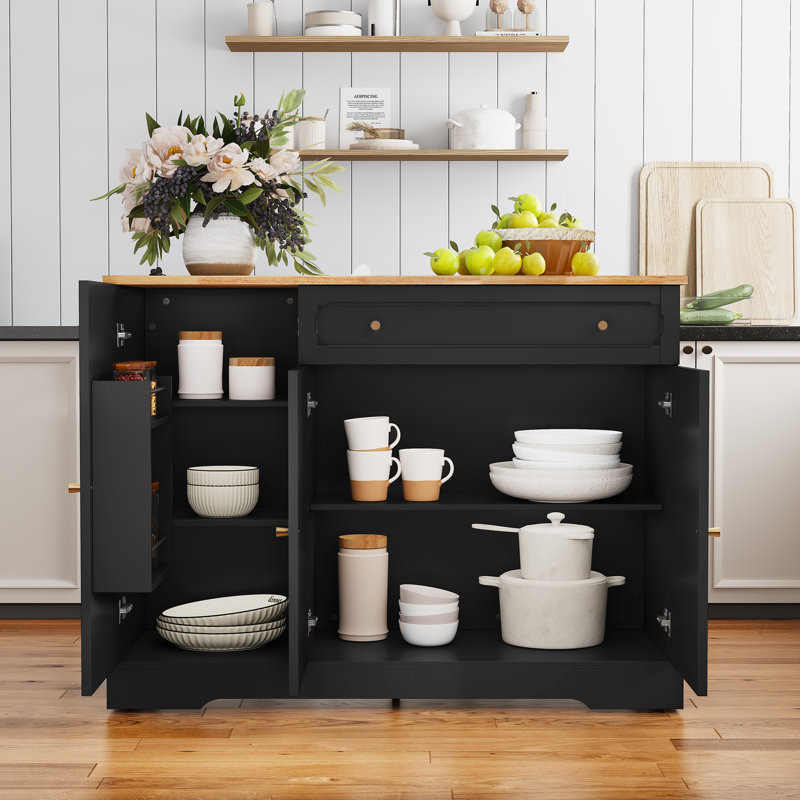 Îlot de cuisine pliant de 47,2 po avec rangement, chariot de cuisine multifonctionnel d'inspiration rétro avec plateau en bois massif