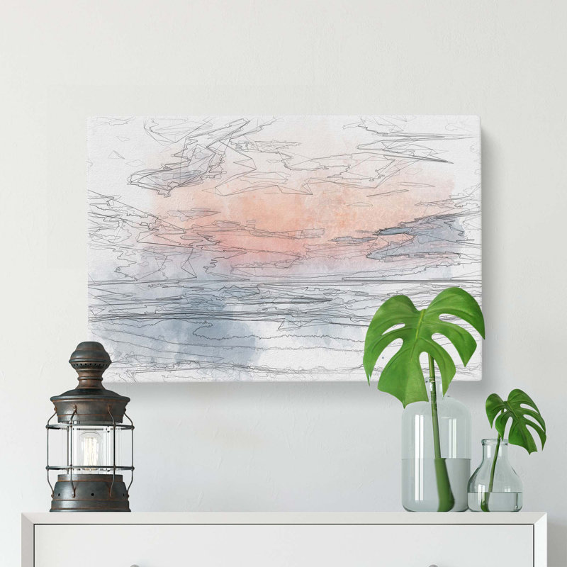 Sea & Clouds in Blue & Pink in Abstract - Wrapped Canvas Drawing - Wrapped Canvas, 50cm H x 76cm W x 3cm D