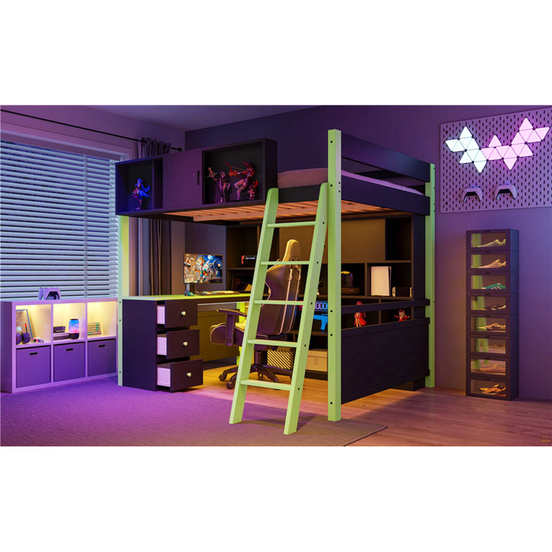 Lit mezzanine double en bois avec bureau, grand espace de rangement et lumière, Vert