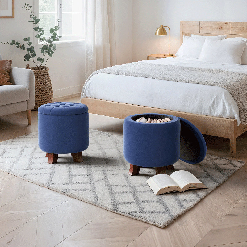 Upholstered Storage Ottoman Bench Button Tufted Round Ottoman Footrest Stool for Living Room Bedroom, Navy