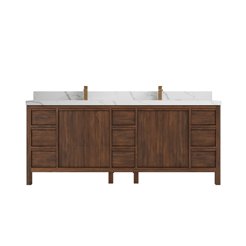 Elizabeth 84" Light Brown Teak Double Sink Bathroom Vanity with Calacatta Quartz Top