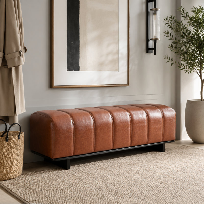 Banc de salle à manger d'intérieur avec pieds en bois d'hévéa, Brown-PU