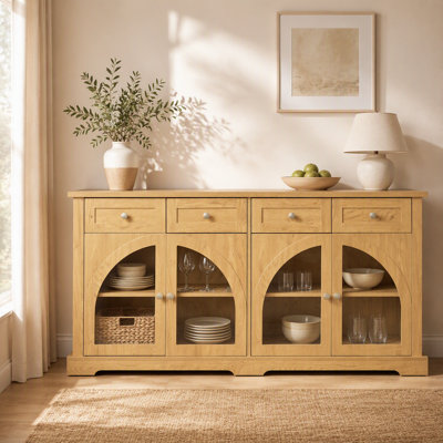 60" Modern Sideboard Cabinet with 4 Drawers and 4 Arched Glass Doors, Accent Storage Cabinet with Adjustable Shelves for Entryway, Living Room, Dining Room