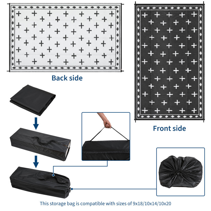 Garvee Geometric Outdoor Rug 9x12, Reversible Waterproof Plastic Straw Area Mat for Patio, RV Awning, Garden, Deck, Balcony, Camping and Beach,Black White