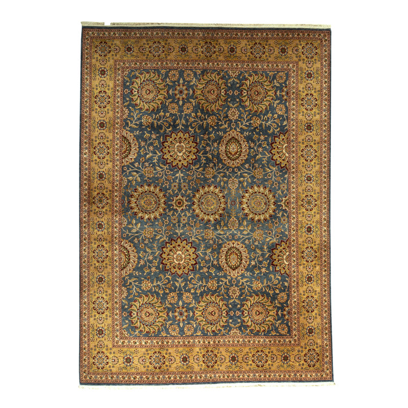 Tapis bleu et jaune de haute qualité noué à la main