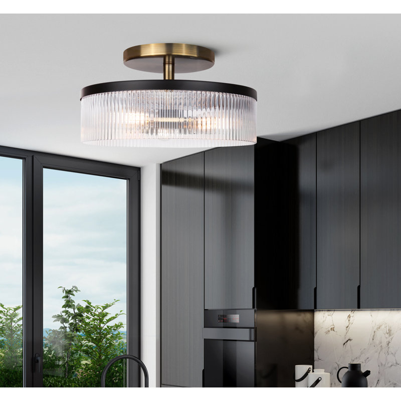 Rendy 15 In. 3-Light 60-Watt Contemporary Matte Black And Gold Semi-Flush Mount With Clear Ribbed Glass Shade