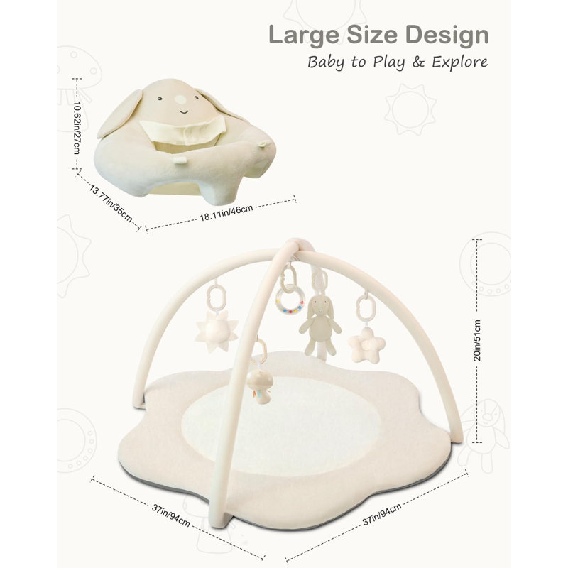 3-In-1 Baby Play Mat, Baby Seats For Infants For Sitting Up, Tummy Time Mat With 5 Detachable Toys, Activity Gym Playmats For Babies 0-6 6-12 Months,Beige