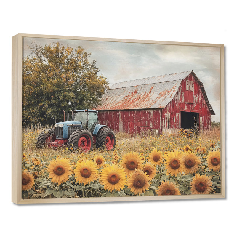 Divyne campagnard côté tournesols avec tracteur ferme III - ferme, art mural, H 34 po x l 44 po, Crème, crème