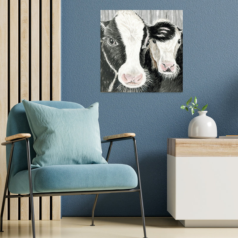 «Farm Cows», vache contemporaine, architecture, paysage, H 18 po x l 18 po