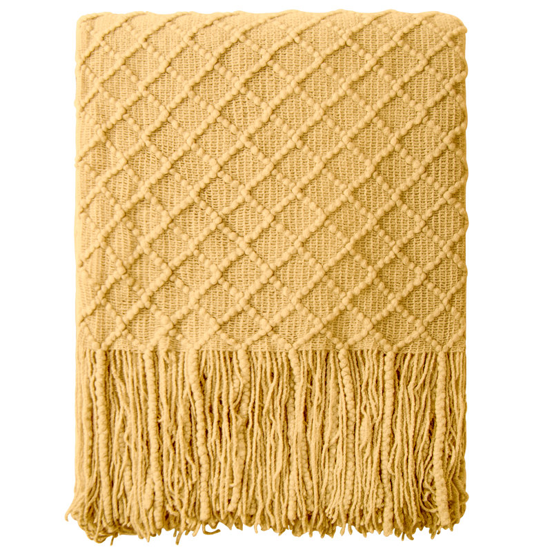 Acrylic Knitted Throw Blanket, Lightweight and Soft with Tassels, Checkered Printed - NTBAY, Yellow