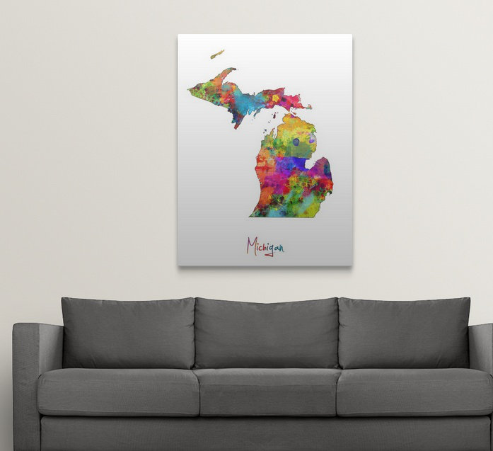 Francy «Michigan Map» par Abarca - reproduction, H 36 po x l 27 po x P 1,5 po, Toile