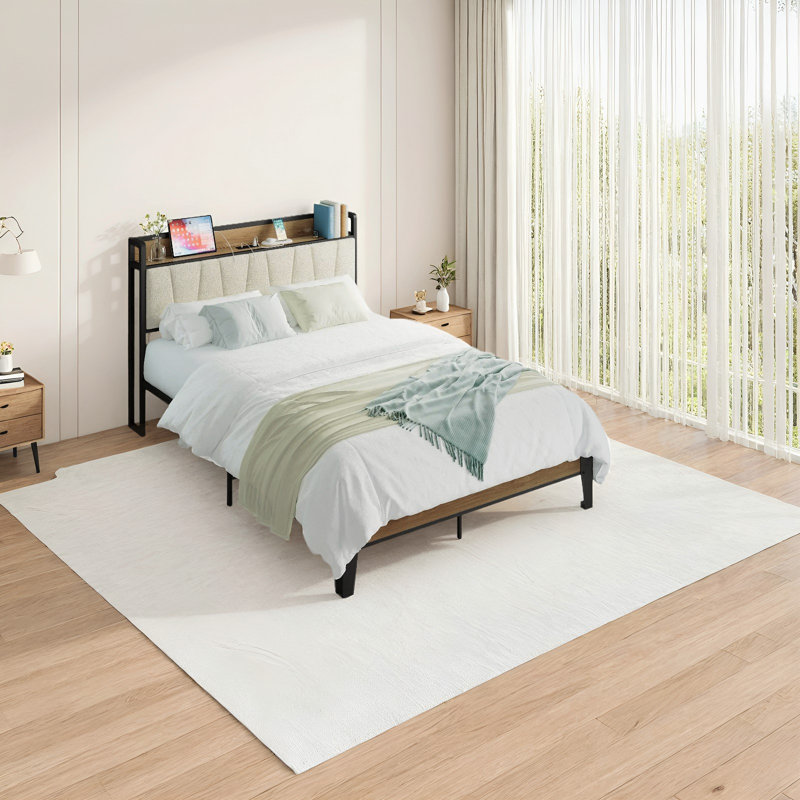 Platform Dangelo With Boucle Headboard, Storage Shelf And Built In Charging, Sturdy And Quiet, Queen