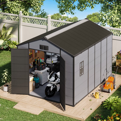 Remise de rangement extérieure 8 pi x 12 pi, remise résistante aux intempéries avec portes doubles verrouillables et plancher intégré, remise extérieure à toit incliné pour cour, patio et pelouse, gris