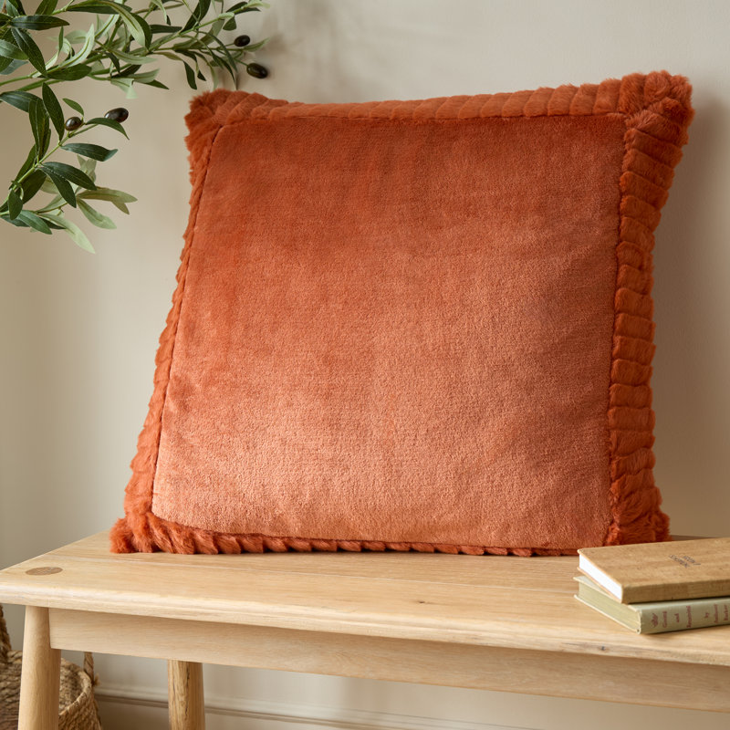 Velvet and Faux Fur 55x55cm Cushion with inner, Burnt Orange, Polyester/Polyfill