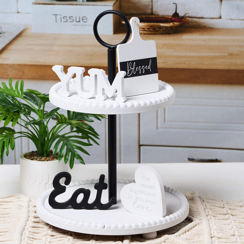 Ensemble de mini-objets de décoration de plateau de cuisine à la ferme, comptoir de cuisine rustique noir et blanc, ensemble de décoration de plateau à deux niveaux pour la cuisine de la maison, salle à manger, décoration de table