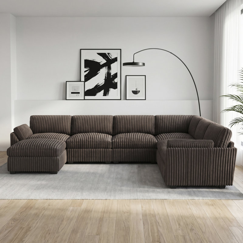 137.8" W U-Shaped Modular Sectional , Brown Corduroy